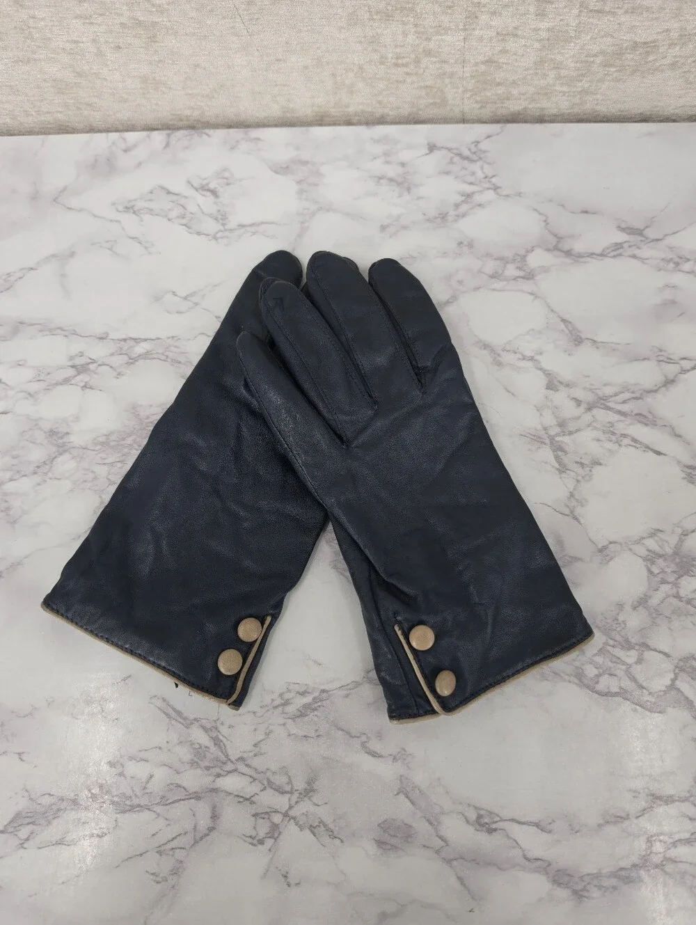 Vintage Navy Leather Short Driving Gloves with Taupe Button Detail and Trim